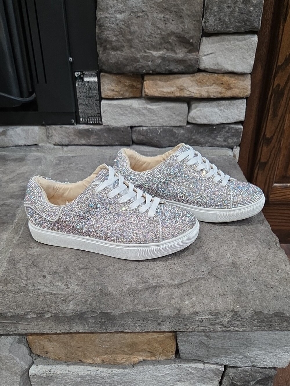 Girls Betsey Johnson Iridescent Rhinestone Lace-Up Sneakers - Silver/White